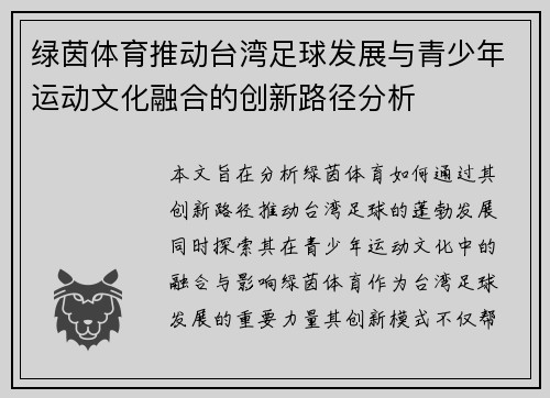 绿茵体育推动台湾足球发展与青少年运动文化融合的创新路径分析